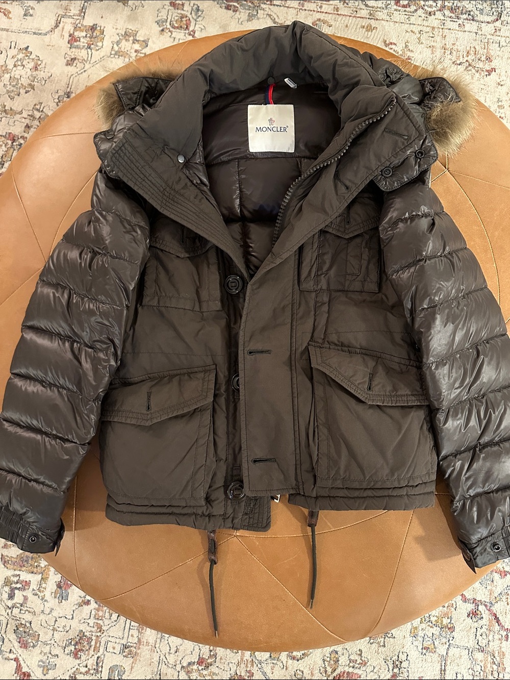 Moncler Brown Hooded Puffer Jacket with Fur Trim Size 0